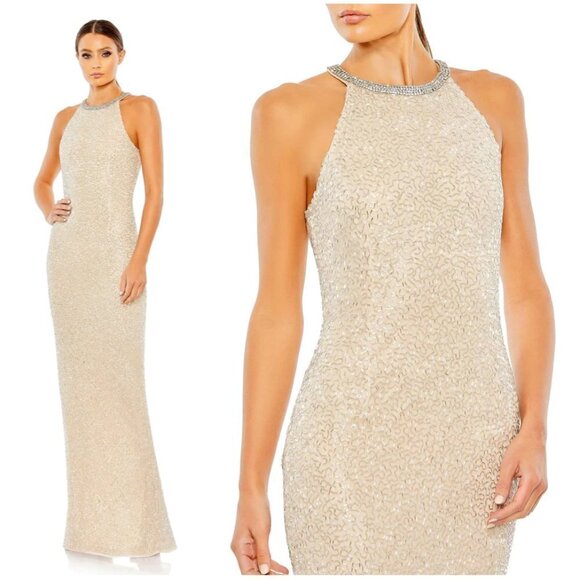 MAC DUGGAL Bugle Bead Halter Sheath Gown in Nude Silver Size US 8 - Picture 1 of 12